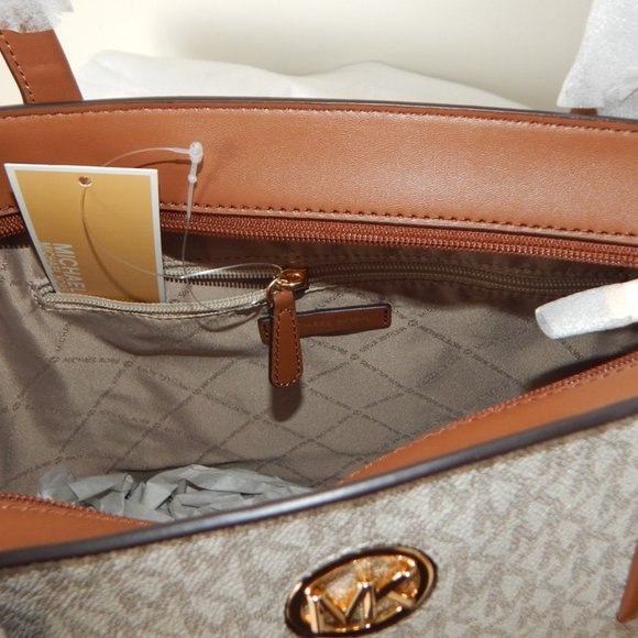 NWT MICHAEL KORS CARMEN MK Monogram LARGE TZ VANILLA BROWN Tote Shoulder Bag… - Picture 9 of 9